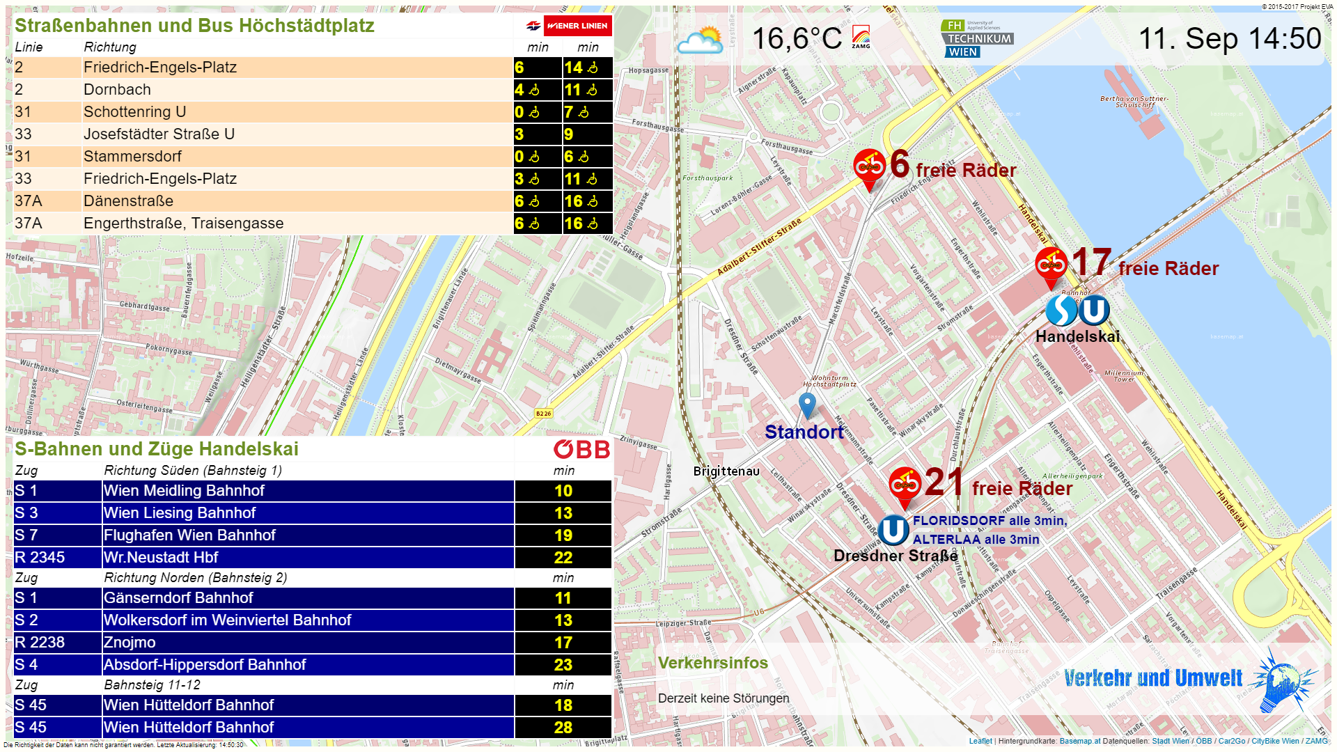 Screenshot of the Multimodal Information Screen for the area of the UAS Technikum Wien at Hoechstaedtplatz